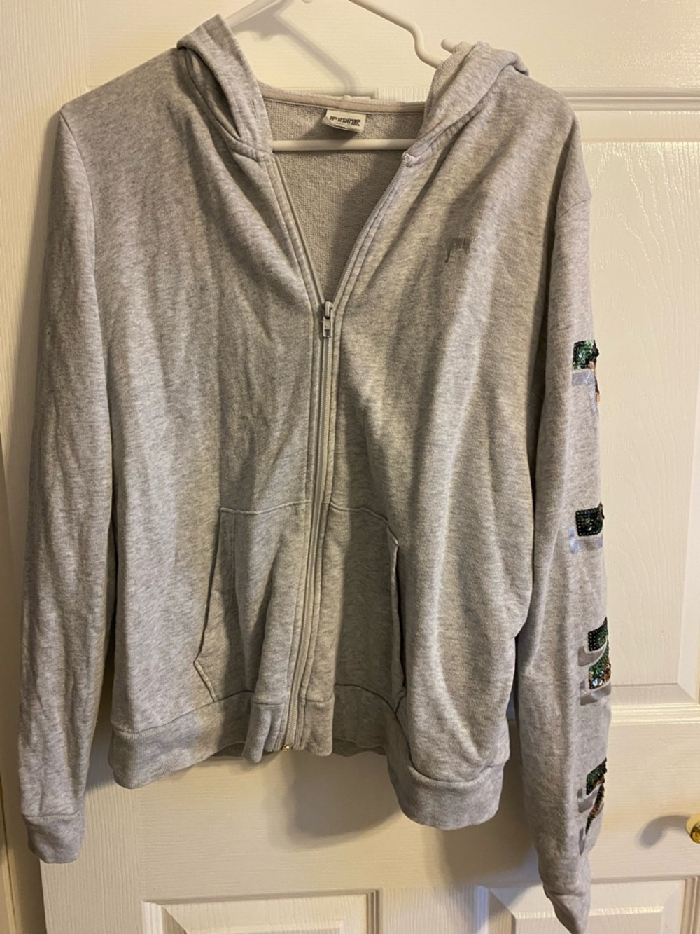PINK Victoria's Secret Light Gray Zip-Up Hoodie with Sequin Sleeve Accents